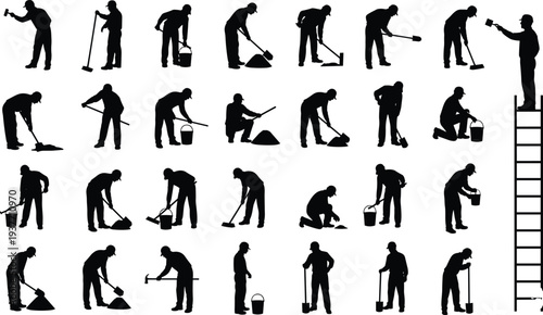 Construction Worker Silhouette Icons Set Featuring Hammering, Sweeping, Shoveling, Painting, Bucket Carrying, and Ladder Climbing for Occupational Design