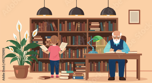 Cozy library scene vector illustration depicting an elderly gentleman reading at a desk and a young person browsing books on shelves, with a potted plant and lamp