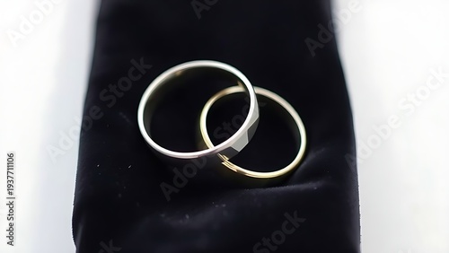 electroluminescence. Two silver wedding bands overlapping on dark velvet fabric. lifestyle magazines, social media lookbooks, designed for lifestyle magazines and social media content.