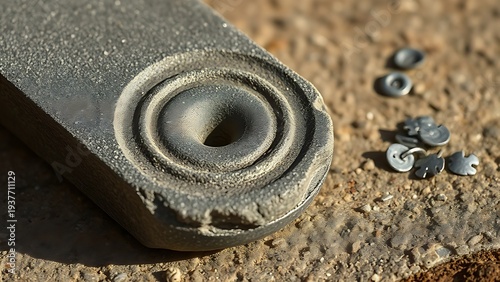 stumbling. Old sharpening stone with circular wear patterns and scattered metal filings. safety posters, maintenance manuals, designed for precision metalworking and fabrication facilities.