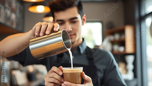 rosetta. A barista creating latte art in a coffee shop, soft lighting. bar promotions, beverage menus, designed for food & beverage menus and cafe branding, enhances appetite appeal.