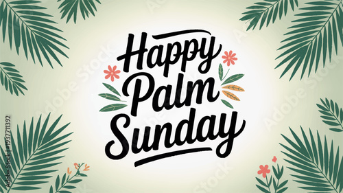 Happy palm sunday celebration with palm leaves and flowers on a light green background holiday and religious concept