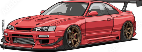 Red sports car illustration with custom wheels and spoiler viewed from the front