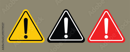 Illustration of warning signs with exclamation marks in yellow, black, and red colors