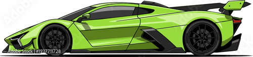 A sleek, green sports car speeds down a straight road with a blurred background from a side viewpoint.