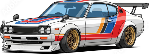 Vintage sports car illustration featuring colorful stripes and racing design elements on a sleek vehicle from a side view