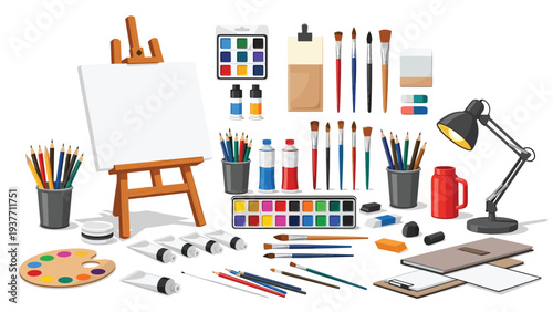 Large collection of diverse art supplies including a wooden easel, blank canvas, brushes, paints, pencils, and palettes.