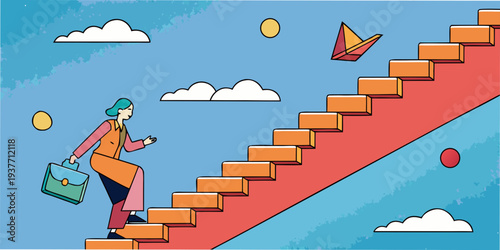 woman in search of freedom climbs a surreal staircase that descends from the sky