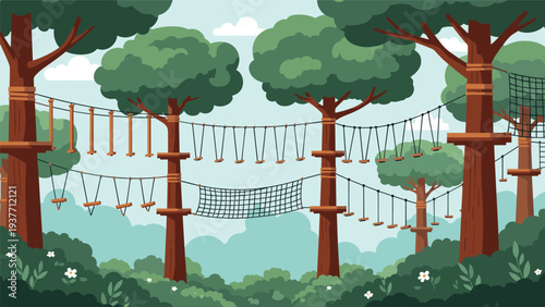 Outdoor adventure park in a forest featuring a high ropes course with wooden bridges and nets between tall pine trees.