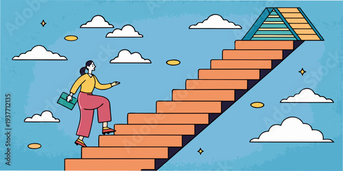 woman in search of freedom climbs a surreal staircase that descends from the sky