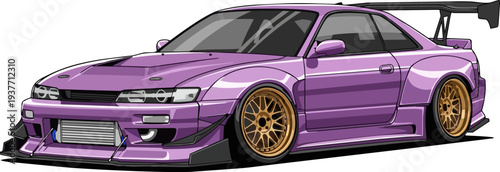 A high-performance sports car with a vibrant purple finish, featuring gold rims and a sleek aerodynamic design on a clean background from a front-side viewpoint