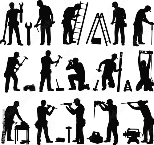 Construction worker silhouettes set with tools ladder drilling hammering, industrial builders labor workforce working poses illustration collection
