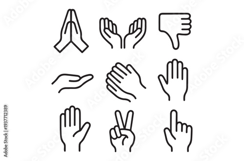A collection of nine black line art illustrations depicting various human hand gestures and poses