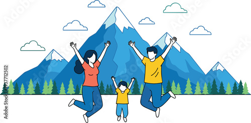 Happy young family with child jumping for joy in front of beautiful blue snowy mountains and pine forest landscape vector illustration.