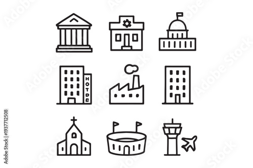 Simple line art illustrations depicting various public and landmark buildings high quality professional detailed modern elegant
