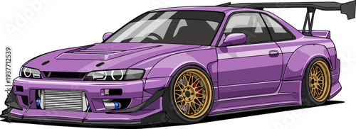 A sleek purple sports car with gold rims and a spoiler on display