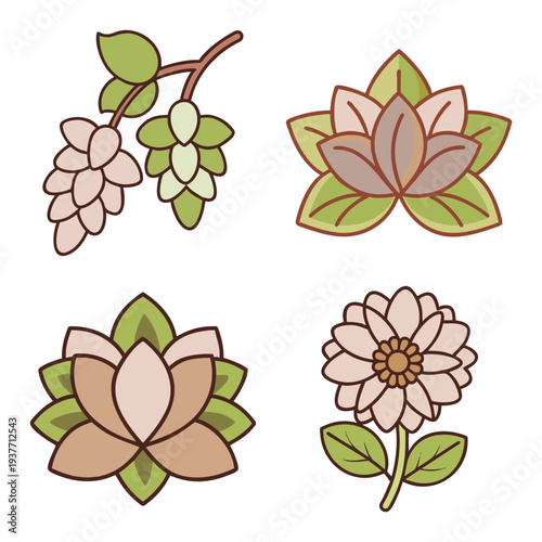 Comprehensive collection of minimalist line art and colorful icons featuring technology, artificial intelligence, Islamic motifs, kitchen utensils, botanical flowers, and decorative lifestyle elements