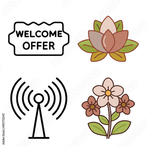 Comprehensive collection of minimalist line art and colorful icons featuring digital technology, radio signal towers, welcome offer banners, botanical floral designs, and lifestyle symbols.
