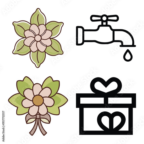 Comprehensive collection of minimalist line art and colorful icons featuring digital technology, artificial intelligence, botanical flowers, travel tickets, and household water tap symbols.