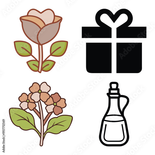 Comprehensive collection of minimalist line art and colorful icons featuring technology, artificial intelligence, travel tickets, botanical floral designs, lifestyle gifts, and kitchen essentials.