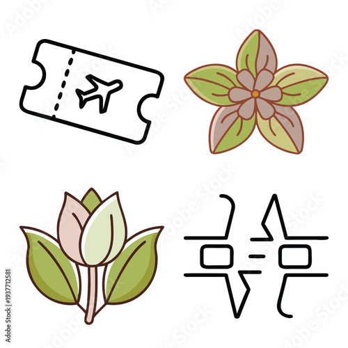 Comprehensive collection of minimalist line art and colorful icons featuring technology, artificial intelligence, travel tickets, botanical floral designs, and decorative "Thank You" greeting cards.