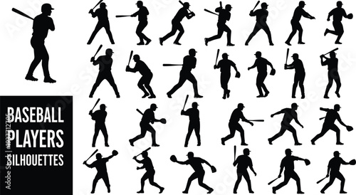 Black baseball player silhouettes set with batters pitchers and catchers in various action poses for sports competition and league design