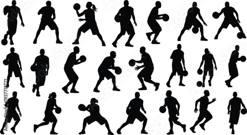 Black basketball player silhouettes set with men and women athletes dribbling and running with balls for sports team competition design