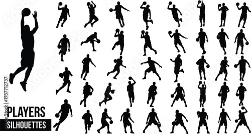 Black basketball player silhouettes set with dunking dribbling and shooting action poses for sports competition team league and athletic design