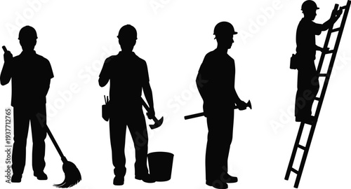 Construction worker silhouettes set, builders with tools, ladder work, repair maintenance, industrial labor workers collection