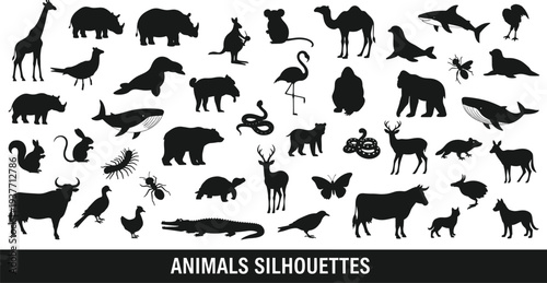 Animals silhouettes collection set, wild and domestic fauna flat vector illustration isolated on white background bundle