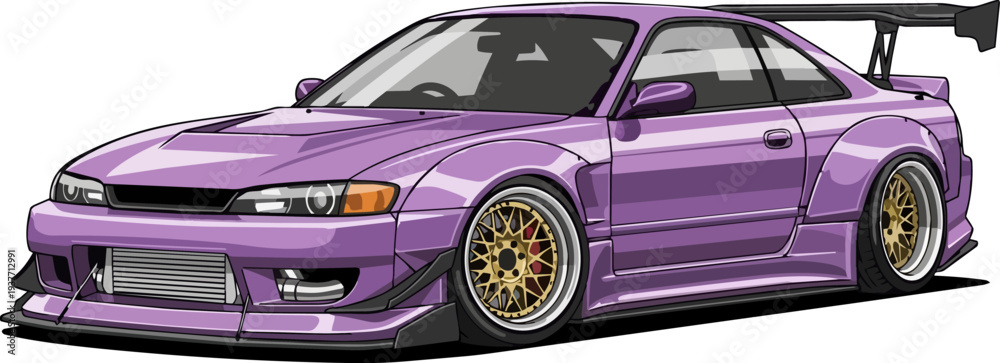 Naklejka premium A high-performance sports car is viewed from the front at an angle, showcasing its sleek design and vibrant purple color in a digital illustration