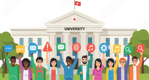 Diverse group of university students standing in front of a college campus building holding colorful social media and digital communication icons vector illustration.