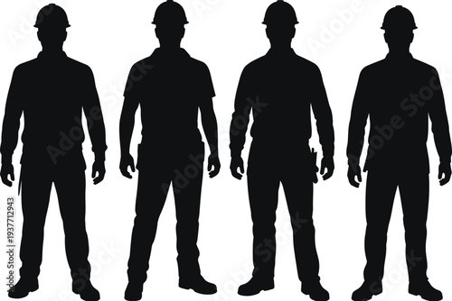 Construction worker silhouettes set, builders standing front view, industrial labor workforce, construction industry workers collection