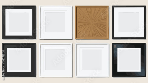 Set of empty square picture frames in various colors like black, white, and wood grain arranged on a neutral gallery wall for home decor.
