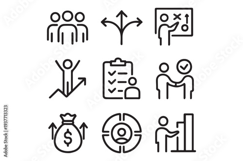 Nine line icons representing teamwork decision making success and business concepts high quality professional detailed modern