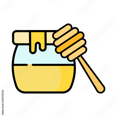 A honey jar and a honey dipper on white background.