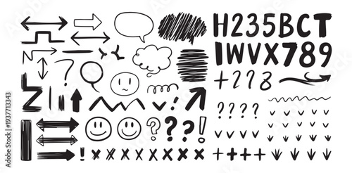 Set of hand drawn doodle elements including arrows, speech bubbles, letters, numbers and emojis