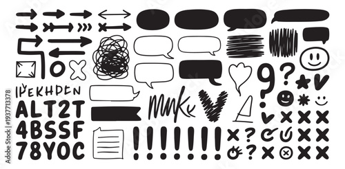 Set of hand drawn doodle elements including arrows, speech bubbles, letters, numbers and symbols