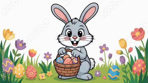 Cute cartoon easter bunny holding basket of colorful eggs in spring flowers and grass