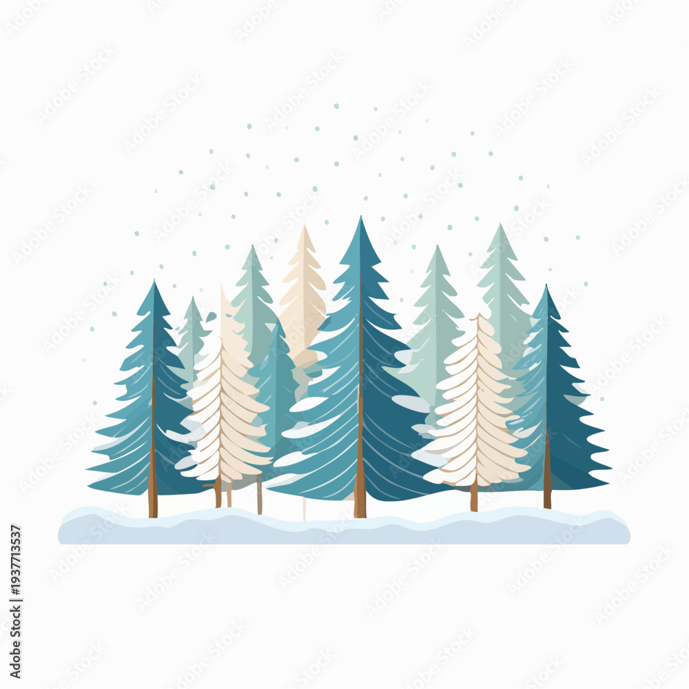 Obraz premium Winter forest scene with snow falling on pine trees and a snowy landscape