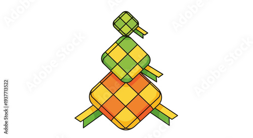 Vibrant colorful woven bamboo Satay skewer food artistic rendering in traditional Southeast Asian style on white background