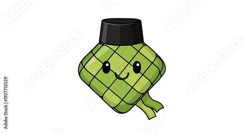 Smiling satay meatball character wearing a traditional Malaysian songkok hat in a cute cartoon food illustration style on white background