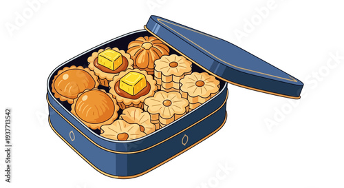 Open blue tin box filled with assorted sweet cookies and pastries, digital cartoon illustration, bakery, dessert, gift, snack, food