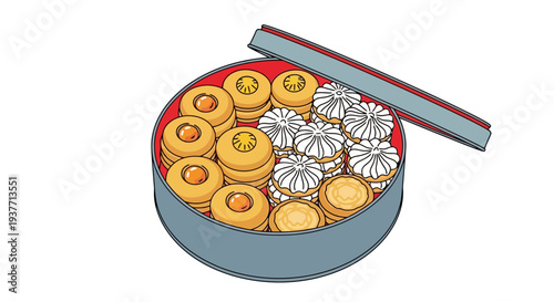 Open tin box of assorted sweet cookies, traditional dessert, colorful treats, graphic illustration, food, baking, snacks, confectionery, sweet tooth