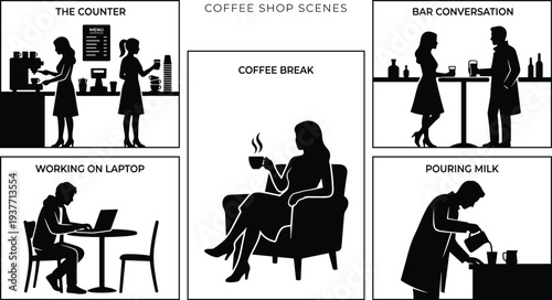 Coffee shop scenes silhouettes barista counter coffee break laptop work bar conversation pouring milk vector illustration set isolated