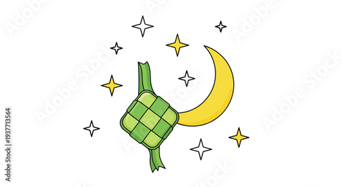 Vibrant cartoon ketupat traditional Malaysian food with crescent moon and stars Eid Mubarak celebration symbol kueh rice dumpling