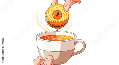 Cartoon-style illustration of a hand holding a steaming cup of coffee and another hand dropping a cinnamon swirl pastry into it, breakfast concept with warm colors and soft textures.
