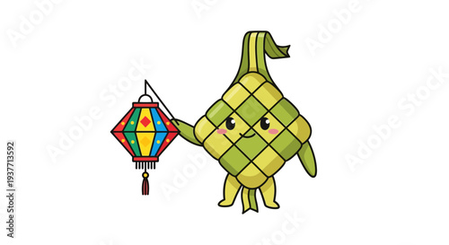 Smiling cartoon zongzi holding colorful kite, traditional Chinese festive food character with smiling face, green and yellow skin, diamond shaped kite with tassel, playful and joyful atmosph