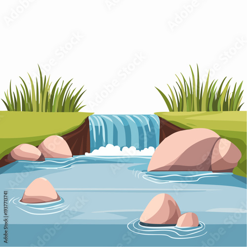 Gentle waterfall cascading over rocks surrounded by green grass and a clear stream