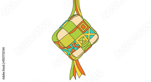Vibrant colorful kite ornament with geometric patterns and tassel hanging isolated on white background in whimsical folk art style for festive decoration